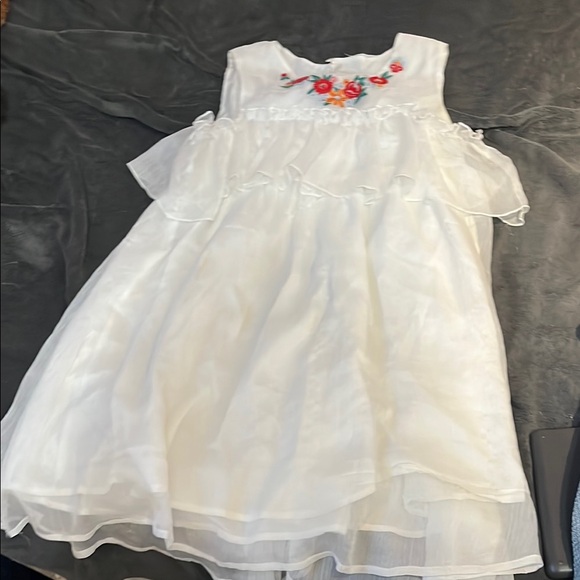 White Kids Dress with Floral Embroidery - Picture 1 of 7